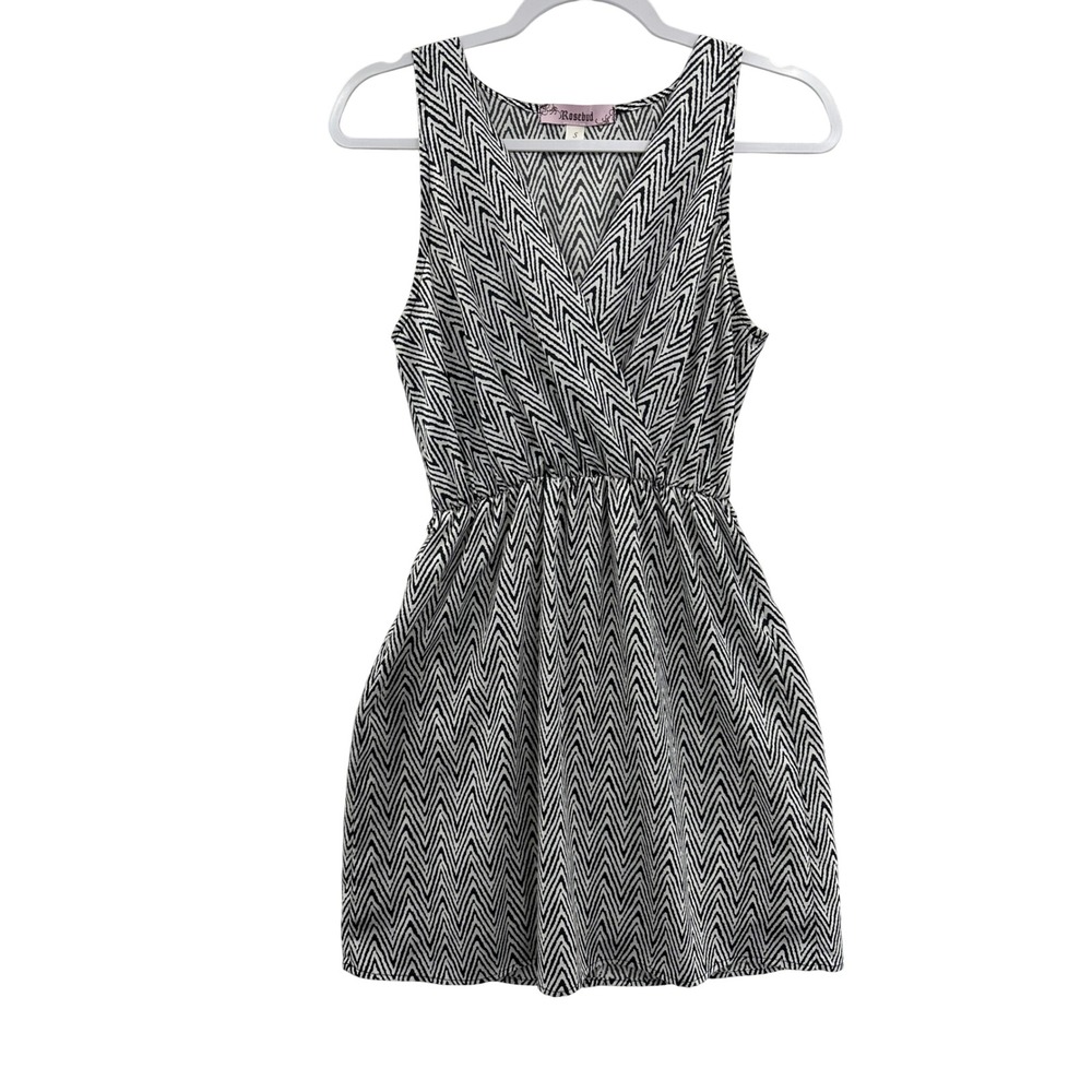 Rosebud Chevron Print Sleeveless V Neck Elastic Waist Mini Dress Women Size S